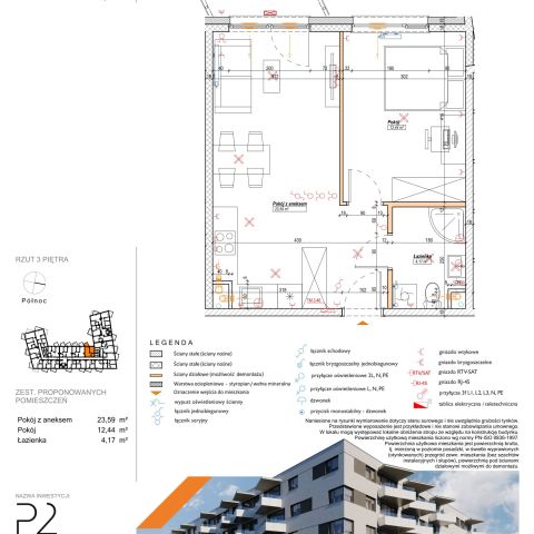 Rzut mieszkania M.3.46: 2 pokoje, 40.2 m2